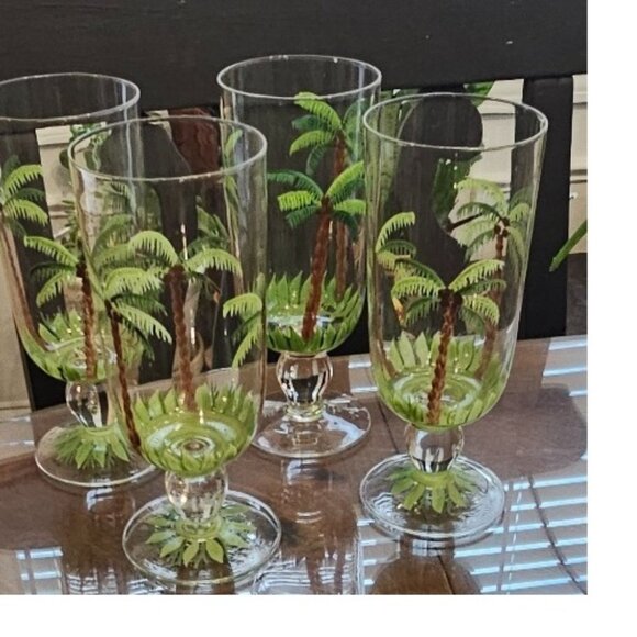 4 Hand Painted Drinking Glass Glasses Tropical Palm Trees Goblet Glass - Picture 1 of 7
